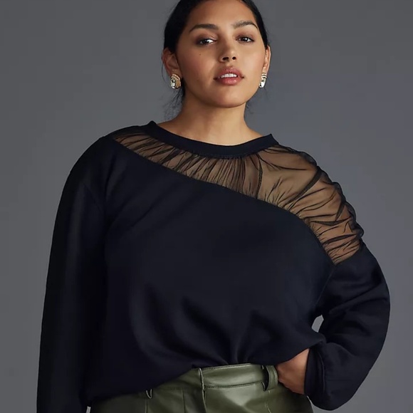 Anthropologie Maeve Sheer-Shoulder Sweatshirt Top Black Size SP - Picture 12 of 13